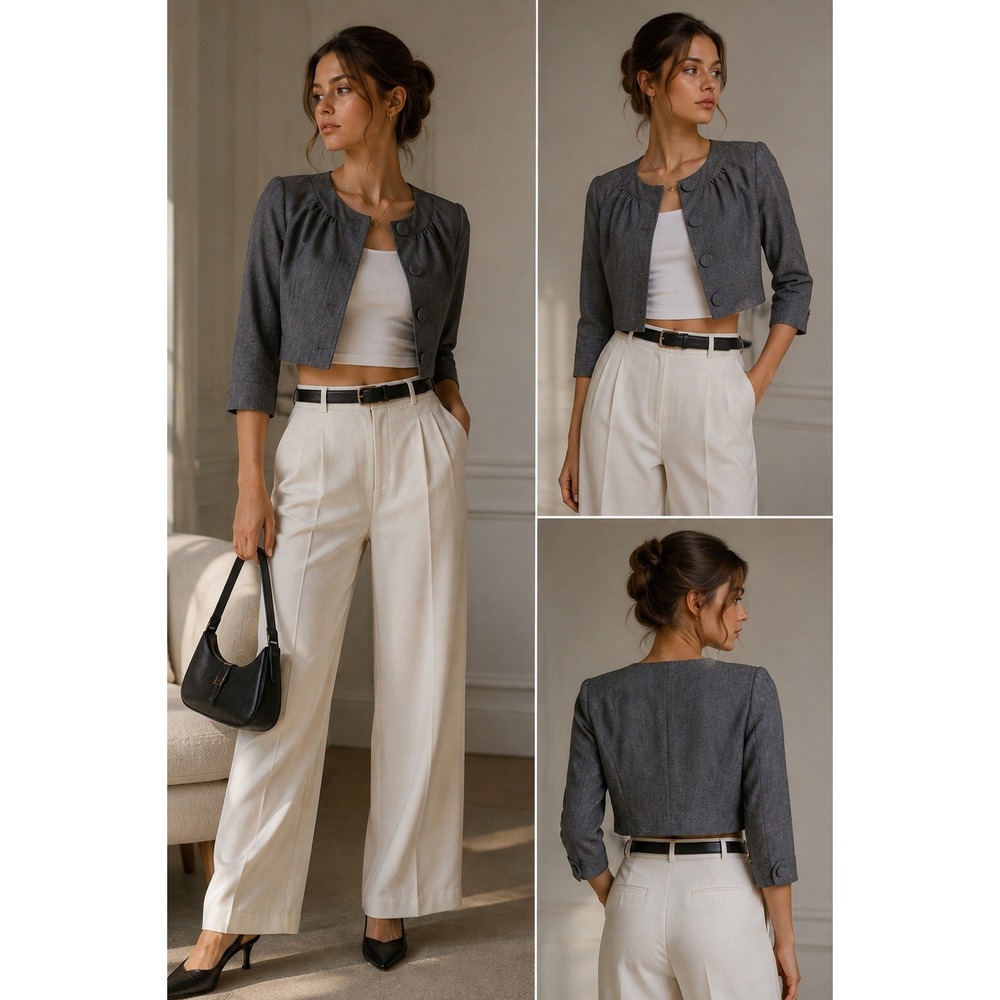 Calvin Klein Womens Round Neck 3/4 Sleeve Button Front Cropped Jacket Medium